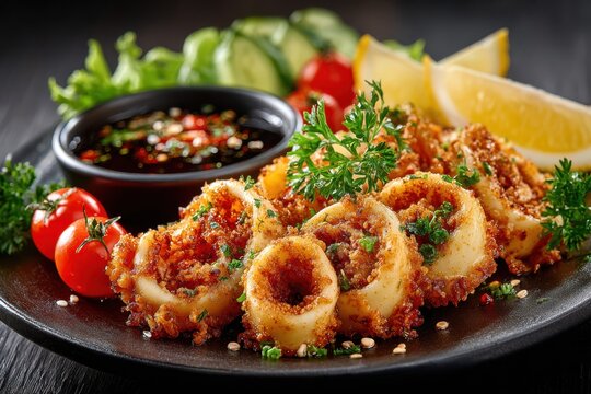 Crispy fried calamari rings on black plate, seafood appetizer with lemon wedge and dipping sauce, gourmet pub food closeup