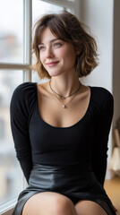 Young brunette in black long sleeve top sitting by window