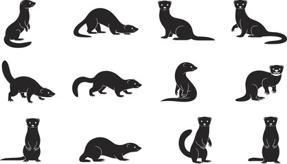 Otter ferret silhouettes, animal poses, walking otter, crouching ferret, sitting animal, elongated body, wildlife shapes, black silhouettes, nature reference, animal movement, tail shapes.