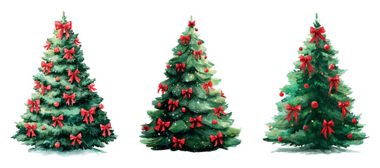 Watercolor green Christmas trees decorated with red bows png. Forest green Christmas trees decorated with red bows made of satin ribbon. Vintage Christmas tree decor. Christmas and New Year decor