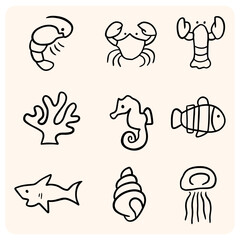 Hand-drawn marine animals set. Cute doodle collection of sea creatures including a shark, lobster, crab, and seahorse.