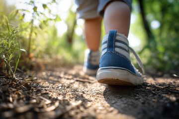 Angled side-rear close-up of a baby boy&rsquo;s feet in sneakers walking through a beautiful sunlit forest park. 