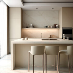 Fototapeta premium Modern kitchen with beige marble countertop, minimalist decor, natural light, and neutral tones, creating calm and inviting atmosphere