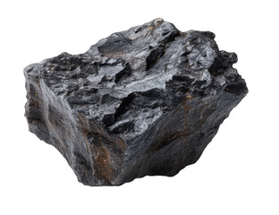 Dark gray, roughly hewn rock specimen, irregular shape, showing layered textures and varying shades of gray and dark