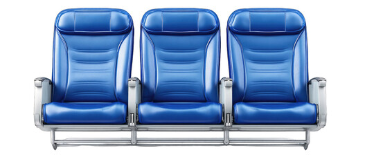 Three blue airplane seats, side view