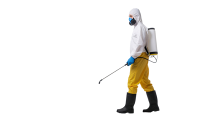 Person Wearing Protective Hazmat Suit for Safety and Hazard Prevention Concept Isolated on White Background