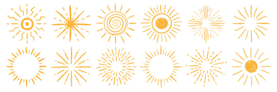 Set of scribble sunburst with organic texture of crayon, chalk or pastel . Collection of cute suns. Yellow vector illustration on a white background.