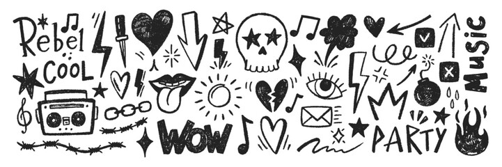 Grange punk elements with chalk, pastel or crayon texture. Hand drawn sketch tattoo shapes. Color vector illustration in retro style.