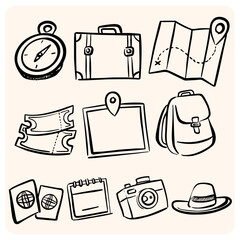 Hand-drawn travel and adventure icons. A doodle collection of vacation essentials including a map, luggage, camera, and passport.