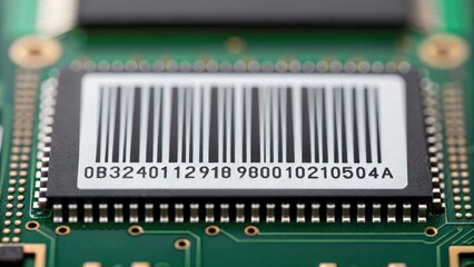 PCB assembly factory, A close-up of a barcode on a green circuit board, showcasing the intricate design and technology behind modern identification systems.