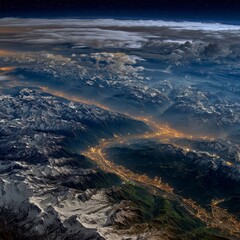 Fototapeta premium Earth view, alpine valley at night, snowy peaks, city lights