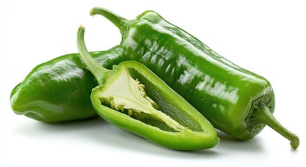 Fresh green peppers, whole and halved, on white background