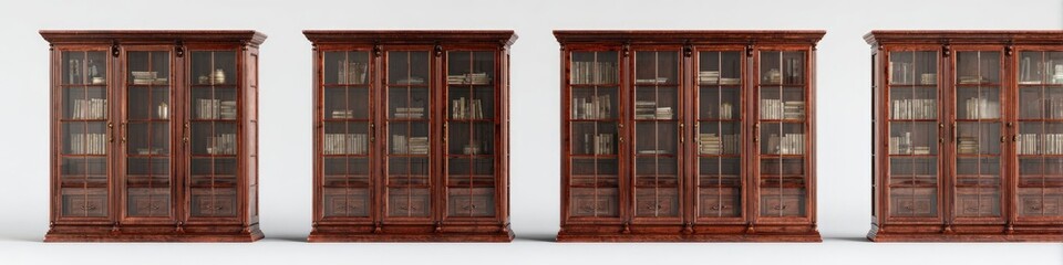 Multiple antique-style wooden display cabinets with glass doors