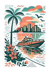 Yacht sailing in the sea with a tropical cityscape background, palm trees, and flowers. Summer vacation travel concept. Vector illustration for greeting card, banner, poster
