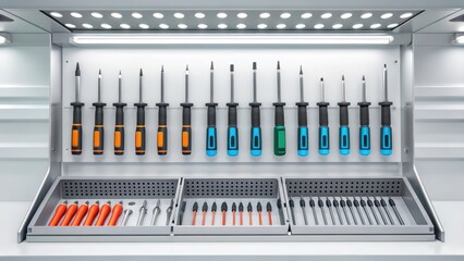 PCB assembly factory, A neatly organized tool cabinet showcasing various screwdrivers in distinct colors and sizes, emphasizing efficiency in a workspace.