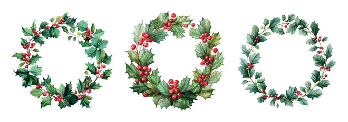 Christmas wreaths with holly branches png. Holly berries branch with green leaves in a round wreath. Decoration and elements for Christmas, winter and New Year designs. Vector illustration. © Narin
