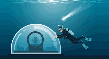 Diver Exploring Underwater Habitat on the Ocean Floor Discovery Exploration