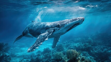 Fototapeta premium Humpback Whale Underwater: Majestic Marine Life Swimming in Clear Blue Ocean Waters with Coral Reef