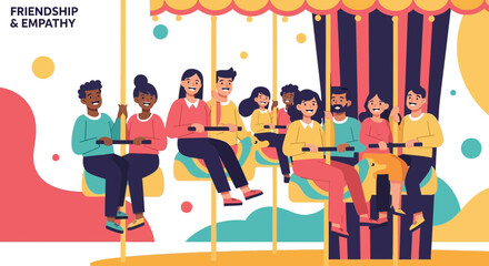 Obraz premium Diverse group of friends and family riding together on a colorful carousel having fun
