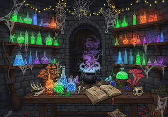A witch's potion room with shelves of colorful potions and a bubbling cauldron in a stone room