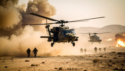 Military Helicopters Landing in Desert War Zone with Troops and Explosions