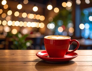 Obraz premium Red cup of latte art on wooden table, bokeh background