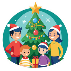 Fototapeta premium Happy family celebrating christmas together around a decorated tree