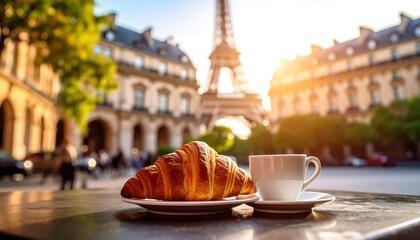 Parisian Breakfast Croissant Coffee with Eiffel Tower View in Sunset.