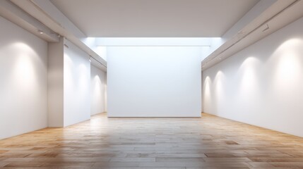 Fototapeta premium Bright Empty Gallery Space with White Walls and Wooden Floor, Ideal for Art Display or Exhibition