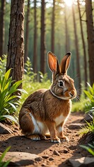 Fototapeta premium Wild Rabbit Sitting in Forest with Sunlight Filtering Through Trees