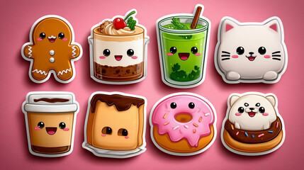 kawaii food sticker pack: gingerbread, pudding, donuts, faces and hats,