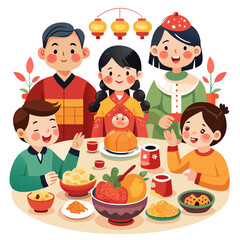 Happy asian family enjoying traditional food and lanterns during celebration
