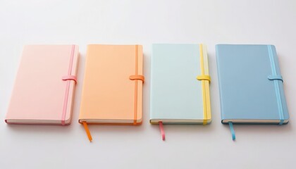 Four Pastel Notebooks with Elastic Bands White Background