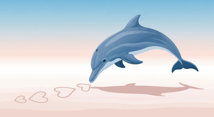 Naklejka premium Dolphin drawing hearts in the sand with its snout expressing love and joy