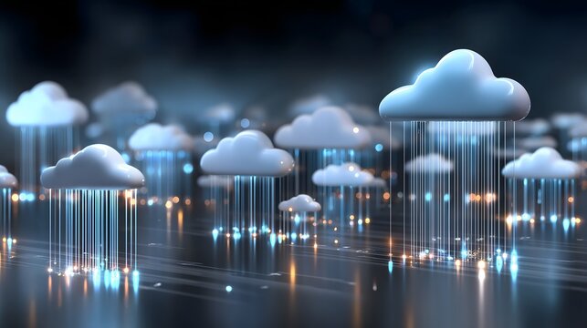 Abstract cloud computing concept with floating cloud icons and glowing data streams - Powered by Adobe