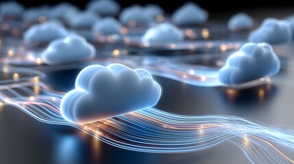 Abstract cloud computing concept with floating cloud icons and glowing data streams