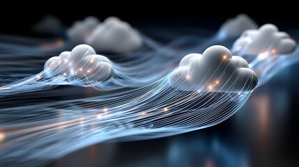 Abstract cloud computing concept with floating cloud icons and glowing data streams