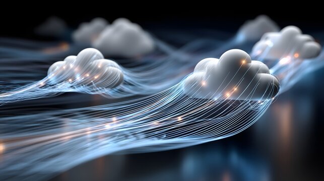 Abstract cloud computing concept with floating cloud icons and glowing data streams