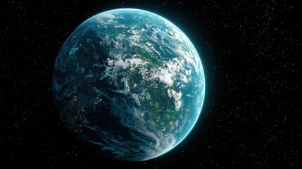 Obraz premium Exoplanet with Oceans and Continents Set Against Starry Backdrop, Ideal for Science Fiction and Space Exploration