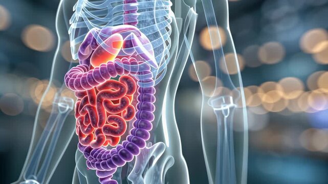 Health system issues. Digestive health system illustration highlighting human anatomy, organs, and common issues medical concept