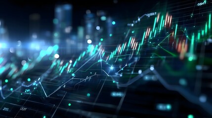 Abstract finance data mesh with neon blue and green glow and detailed graphs