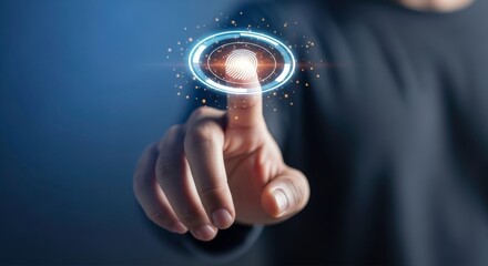 A person touching a fingerprint scanner with their finger on a blue background with light effects
