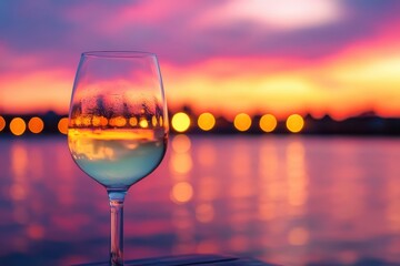 A glass of white wine sits elegantly against a vibrant sunset over a calm lake, reflecting colors