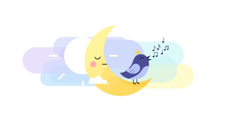 Dreamy night illustration featuring a bird singing on a crescent moon with musical notes