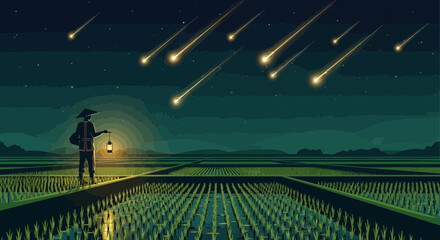 Dreamy night scene with a farmer holding a lantern under a meteor shower creating a mystical atmosphere