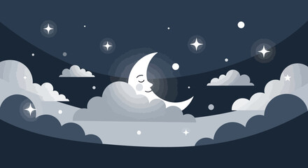 Naklejka premium Dreamy Nightscape with Smiling Moon Clouds and Stars for Children's Illustration