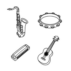 Naklejka premium Collection of Music Day-themed icons, including Saxophone, tambourine, harmonica, ukulele