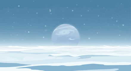 Naklejka premium Dreamlike Winter Landscape View With Distant Planet And Sparkling Stars