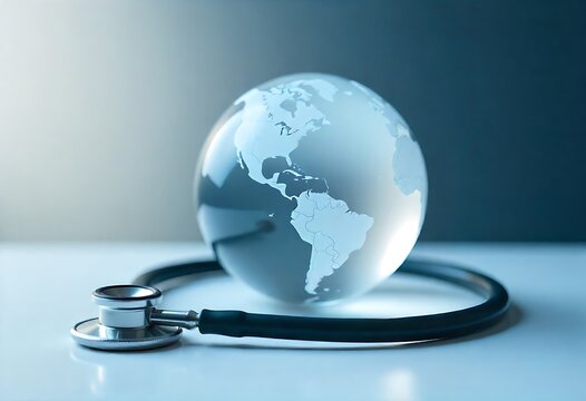 Generative AI image illustrating global healthcare concept: a globe with a stethoscope symbolizing