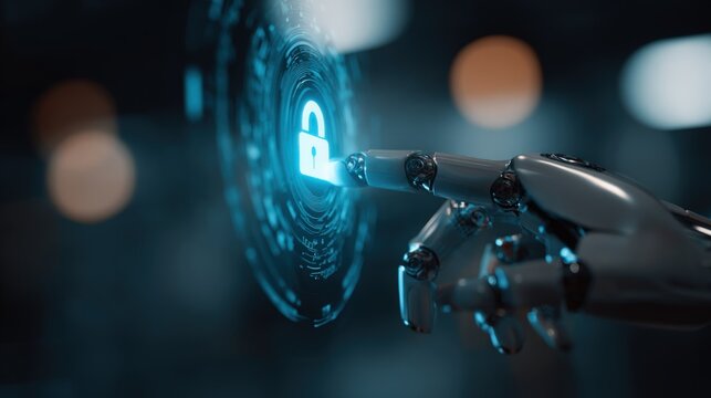 Robot hand presses a virtual lock on a futuristic interface, illustrating cybersecurity and data protection